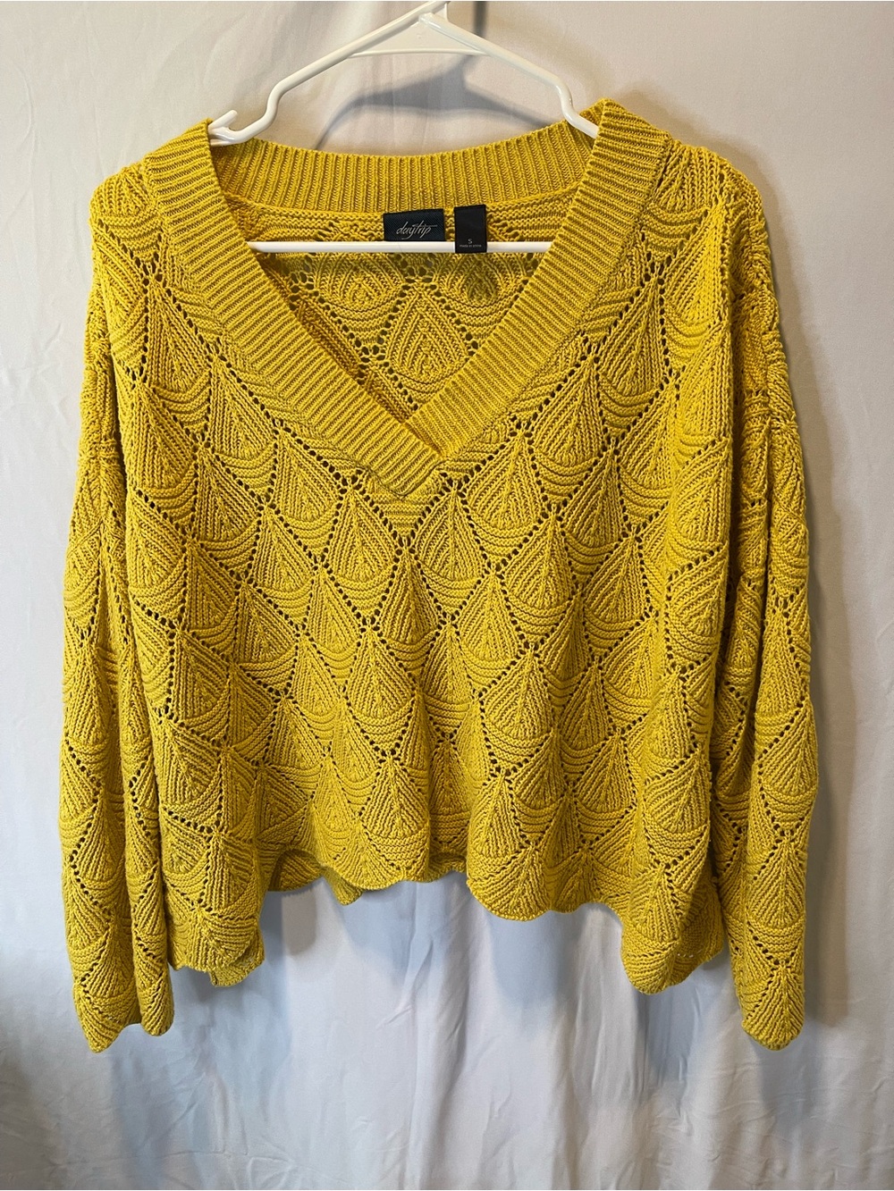 Daytrip Cropped Golden Mustard V-Neck Openwork Knit Sweater
